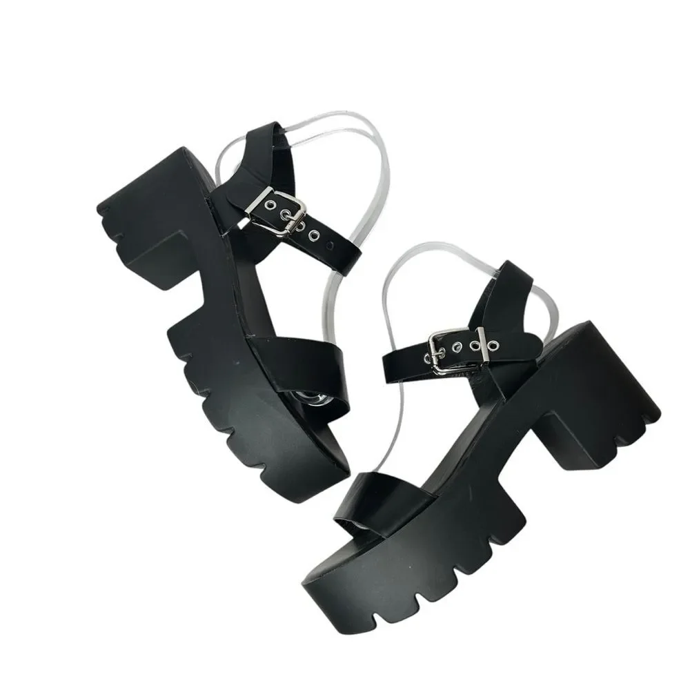 New Faux Leather Chunky Black Platform Sandals 11 Ankle Straps
